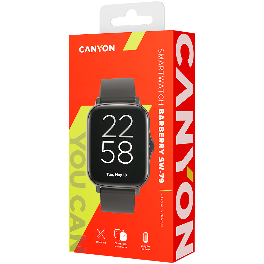 CANYON Wildberry SW-79, Smart watch, 1.69inches TFT full touch screen, Zinic+plastic body, IP67 waterproof, multi-sport mode, compatibility with iOS and android, black body with black silicon belt, Host: 44.4*36*9.2mm, Strap: 230x20mm, 47g
